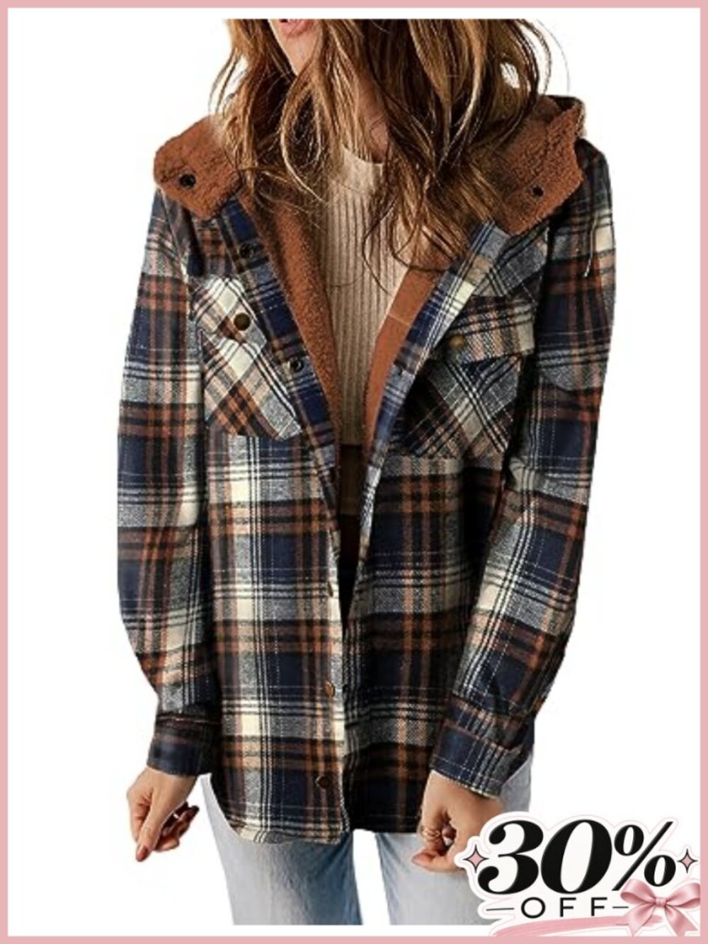 Plaid Fleece Lined Hooded Shacket Jacket Button Front Boyfriend Fit